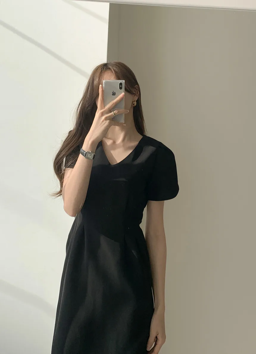 Woherb Korean Chic Women Dress Short Sleeve Casual V-Neck Elegant Office Lady Dresses 2020 New Slim Waist Robe Vestidos Mujer