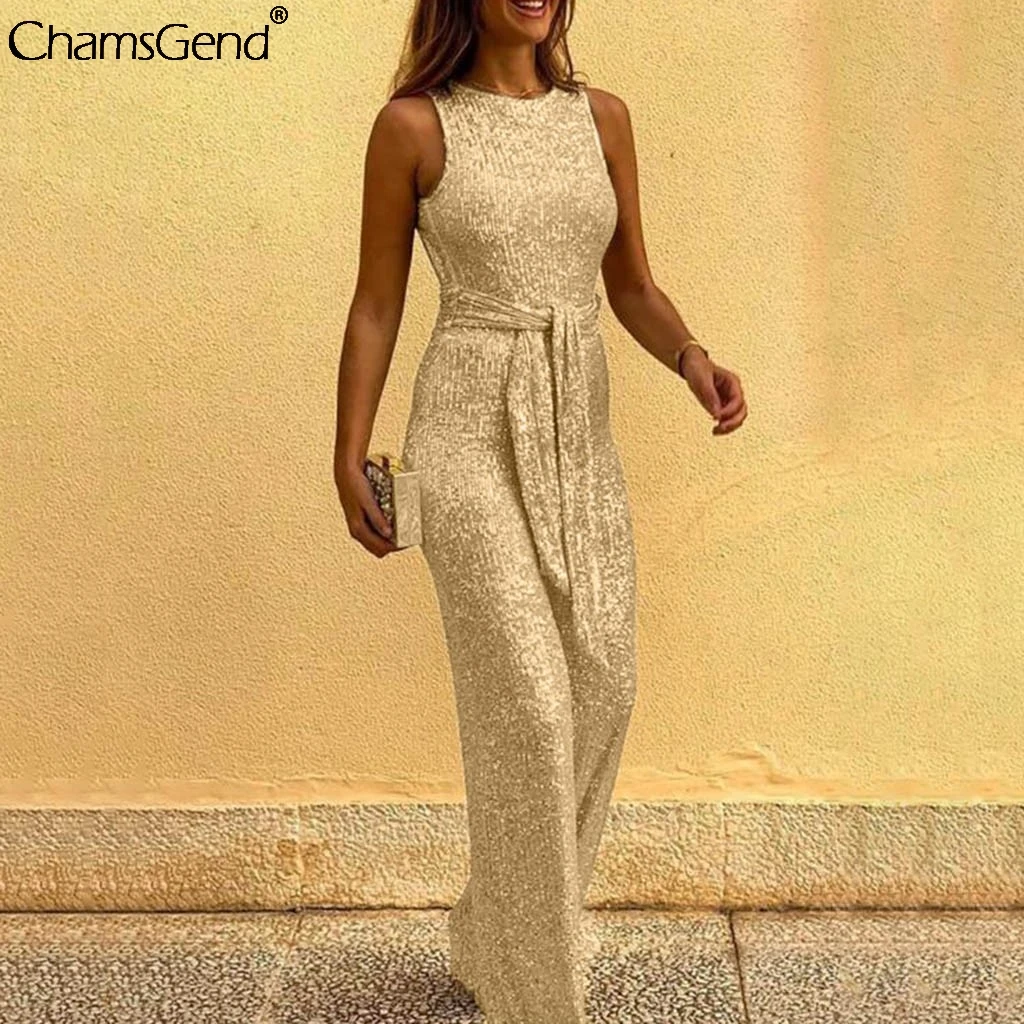 

Elegant Sexy Bandage Jumpsuits Women Fashion Sleeveless Sequin Glitter Shiny Trousers Wide Leg Pants Rompers Bodysuit Playsuit #