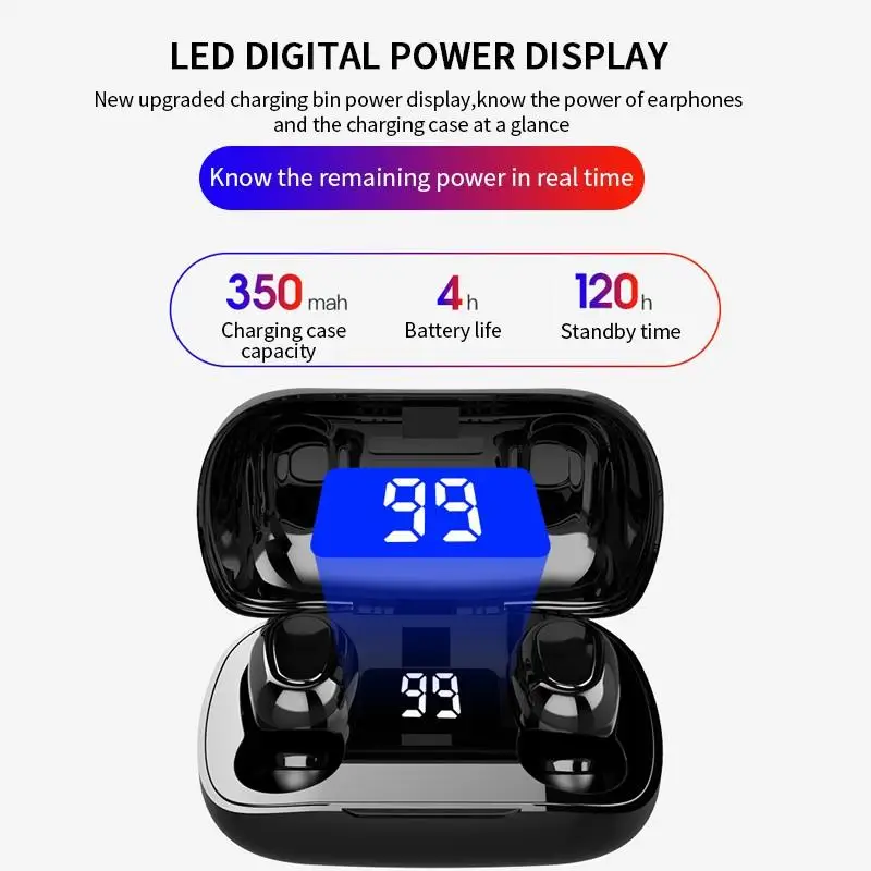 L21 Bluetooth Wireless Headphones LED Power Display IPX7 Waterproof Binaural HD Call Headset Auto Pairing Noise Reduction Earbud