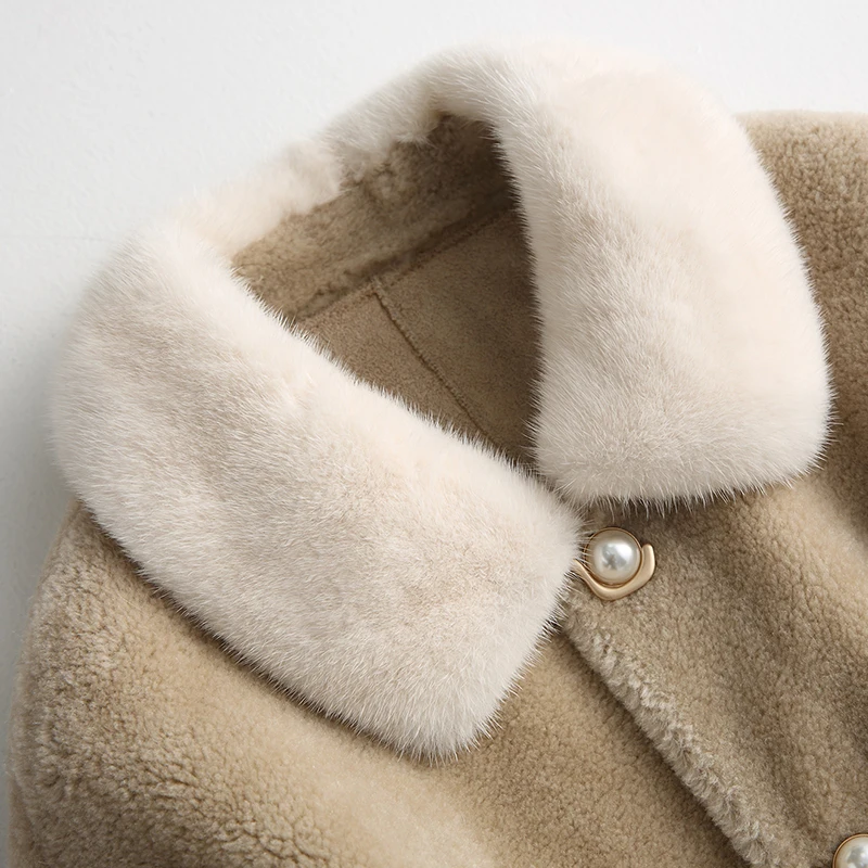 

2020, women's with natural fur, fall-winter, sheep haircut, 100% wool, jacket, mink fur collar, Korean loose coat