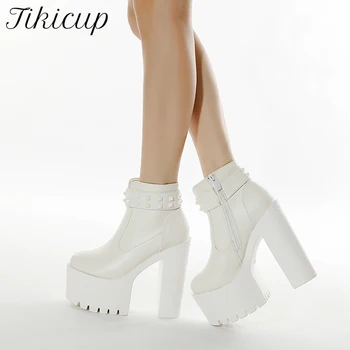 preço Tikicup Punk Rebites Mulheres Chunky Tornozelo Plataforma Botas Alternativa Goth 15cm Extremamente Salto Alto Botas Curtas Senhoras Sapatos Clube
