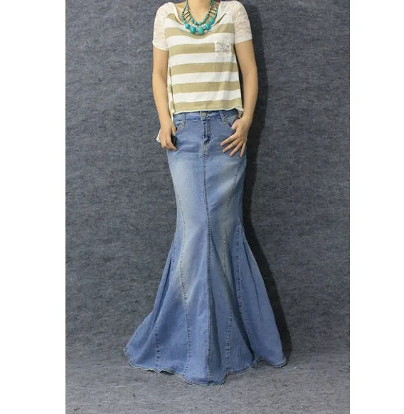 Весенняя модная женская длинная джинсовая юбка с рыбьим хвостом, джинсовая Повседневная узкая юбка, Однотонная юбка в пол с карманами, юбки макси