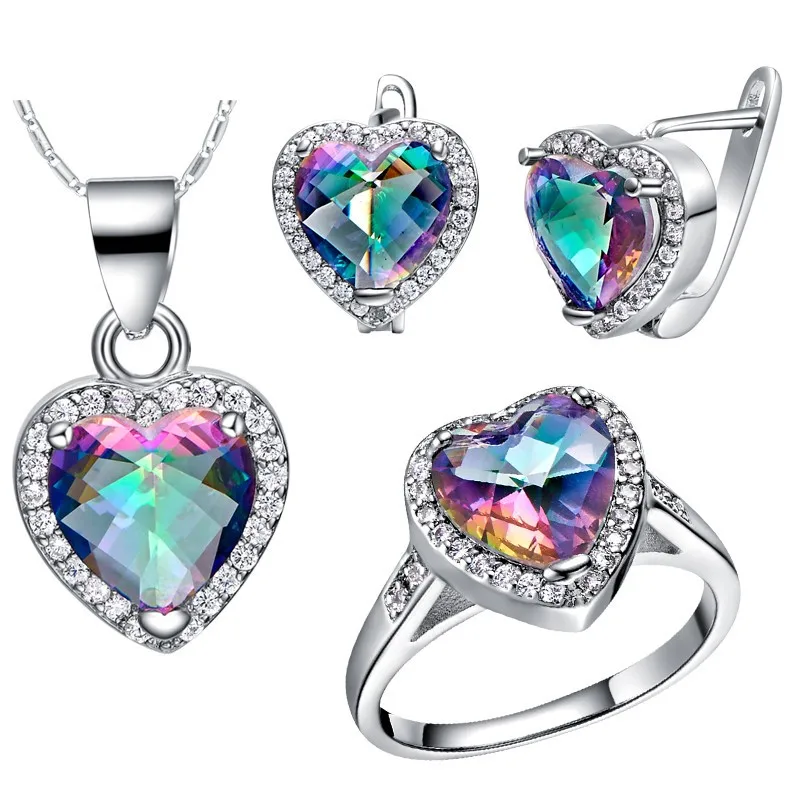 США скидка 50% на красочные кристаллы серебряные Свадебные Ювелирные наборы серьги кольцо ожерелье сердце ювелирный набор Uloveido T481