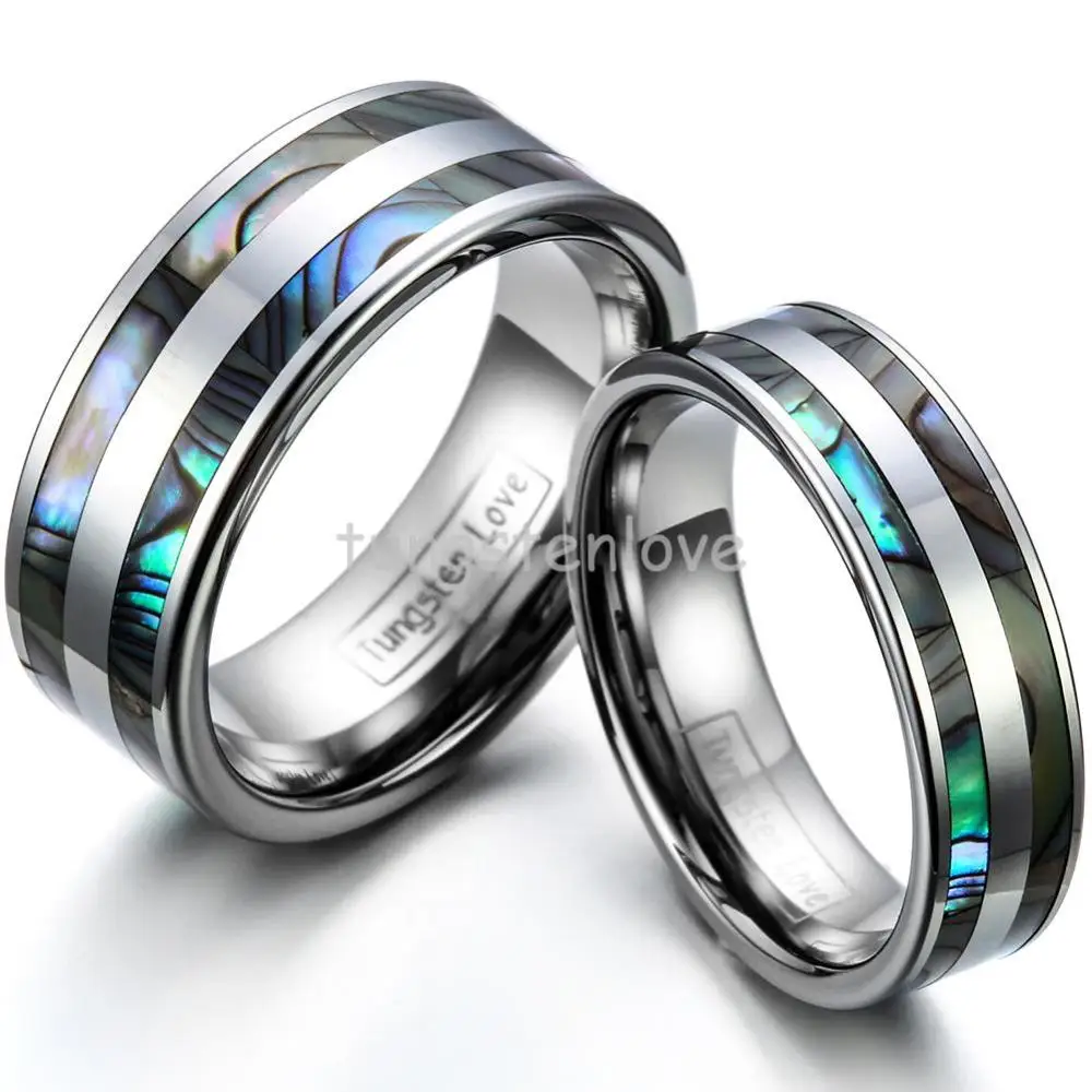 High Polish Tungsten Engagement Rings Set with Double Abalone Inlay for Couples Wedding Bands - 1PCS