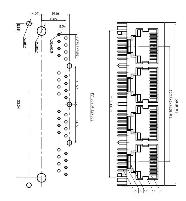 10 шт. гнездовой разъем печатной платы RJ45 модульный разъем сети 90 градусов в 8P8C 1x4 порты PCB разъем/LAN разъем