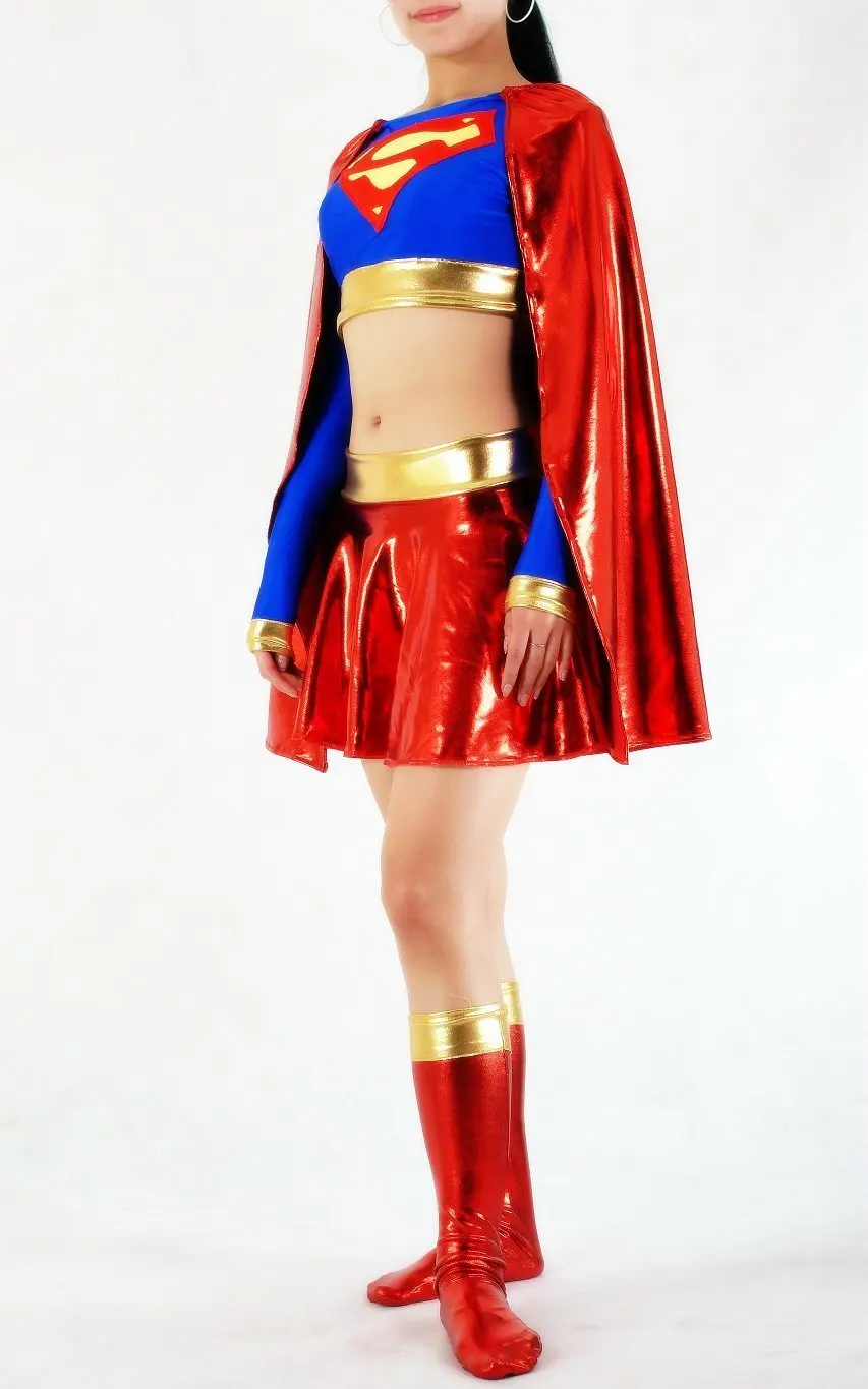Для женщин Хэллоуин Костюмы супергероев синий и красный Для женщин лайкра Супермен Блестящий металлический Zentai платье