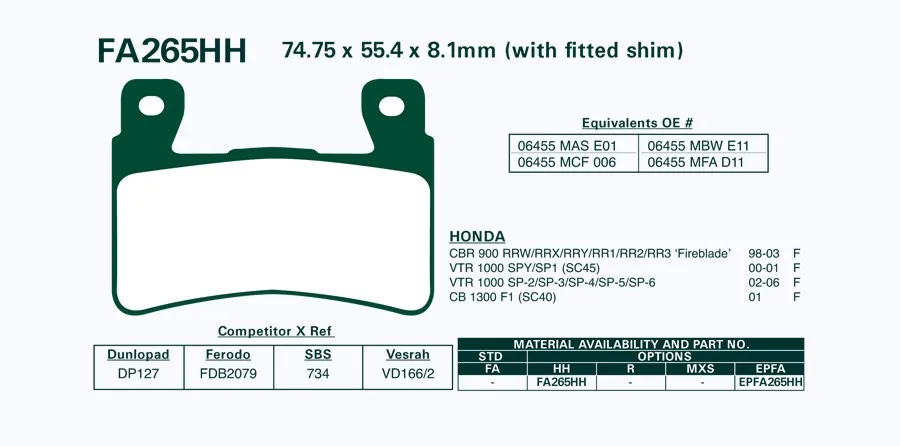 LOPOR мотоциклетные передние тормозные колодки для HONDA CBR900 98-03 VTR1000 SP1 00-01 VTR1000 SP-2 02-06 CB1300 F1 01