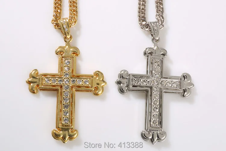 YSN4 Для мужчин Jewelry золотое покрытие большой двойной крест Rhinestone Подвески Для Мужчин's Цепочки и ожерелья, широкий 7 мм длиной 90 см хип-хоп