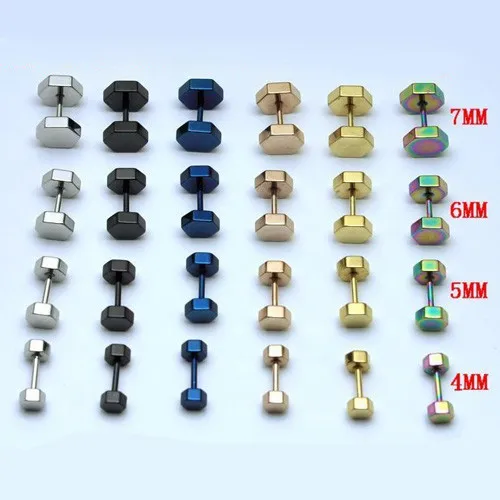 4 5 6 7 8 мм ширина шестиугольник titanium стали Панк Для мужчин пирсинг Для мужчин серьги 6 видов цветов