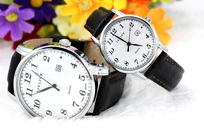 Юлий Для женщин Для мужчин наручные часы кварцевые часы Авто Дата Изысканные Мода платье кожа пара влюбленных подарок на день рождения JA-508