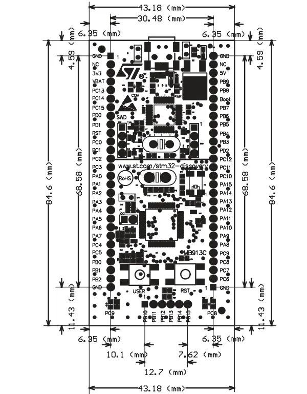STM32VLDISCOVERY board dimensions