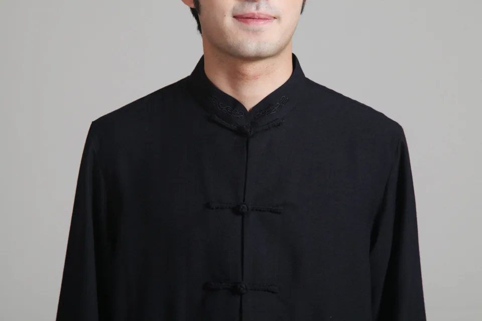 Бежевый весенний Традиционный китайский стиль Мужская льняная рубашка с длинным рукавом костюм танга с карманом Размер S M L XL XXL XXXL 2352-2