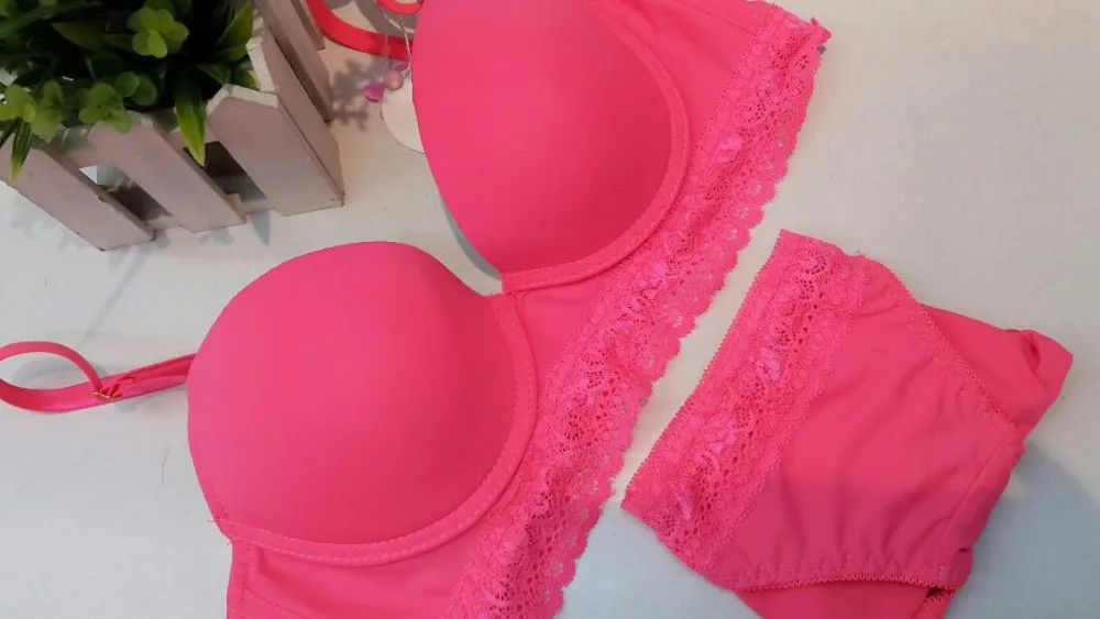 2014 new arrival candy colored light plane Bra Sets Push up lace three-breasted suit underwear women sexy underwear 1
