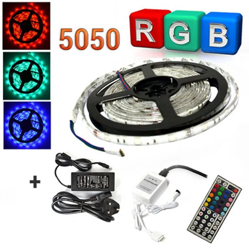 Водонепроницаемый 5 м RGB 5050 SMD150 Светодиодные ленты свет + 44 Ключ ИК-Дистанционное управление + 12 В 3A Питание США/ ЕС/Великобритания/AU