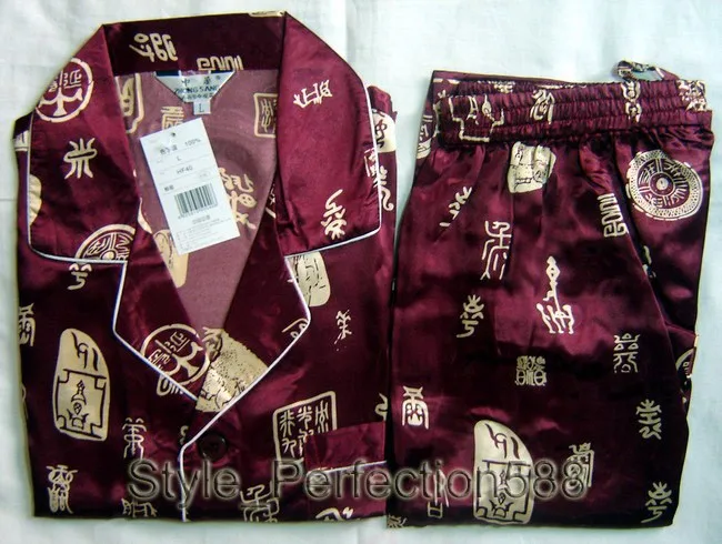 Бордовая Мужская атласная пижама из полиэстера, пижамные комплекты, одежда для сна, Размеры S M L XL XXL XXXL ZT-4