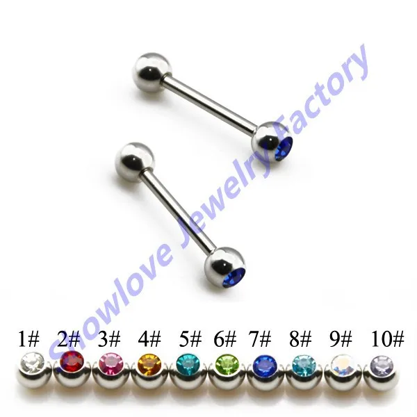 Showlove-10pcs Двухместный Gem прямой штангой сосков пирсинг языка тела штанги ювелирных изделий