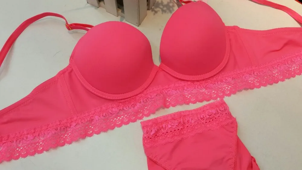 2014 new arrival candy colored light plane Bra Sets Push up lace three-breasted suit underwear women sexy underwear 3