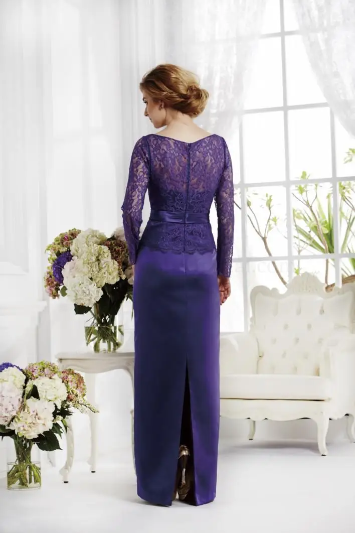 Горячий мода vestidos formales долго кружева элегантный фиолетовый атлас мать невесты платья с длинным рукавом