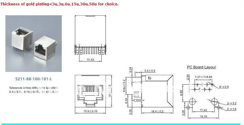 Бесплатная доставка 100 шт. PCB Jack Разъем RJ45 модульный разъем сети 8P8C/PCB Socket/lan 5211 с экранирование, 180 градусов