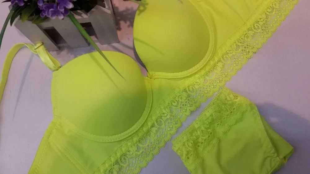 2014 new arrival candy colored light plane Bra Sets Push up lace three-breasted suit underwear women sexy underwear 9