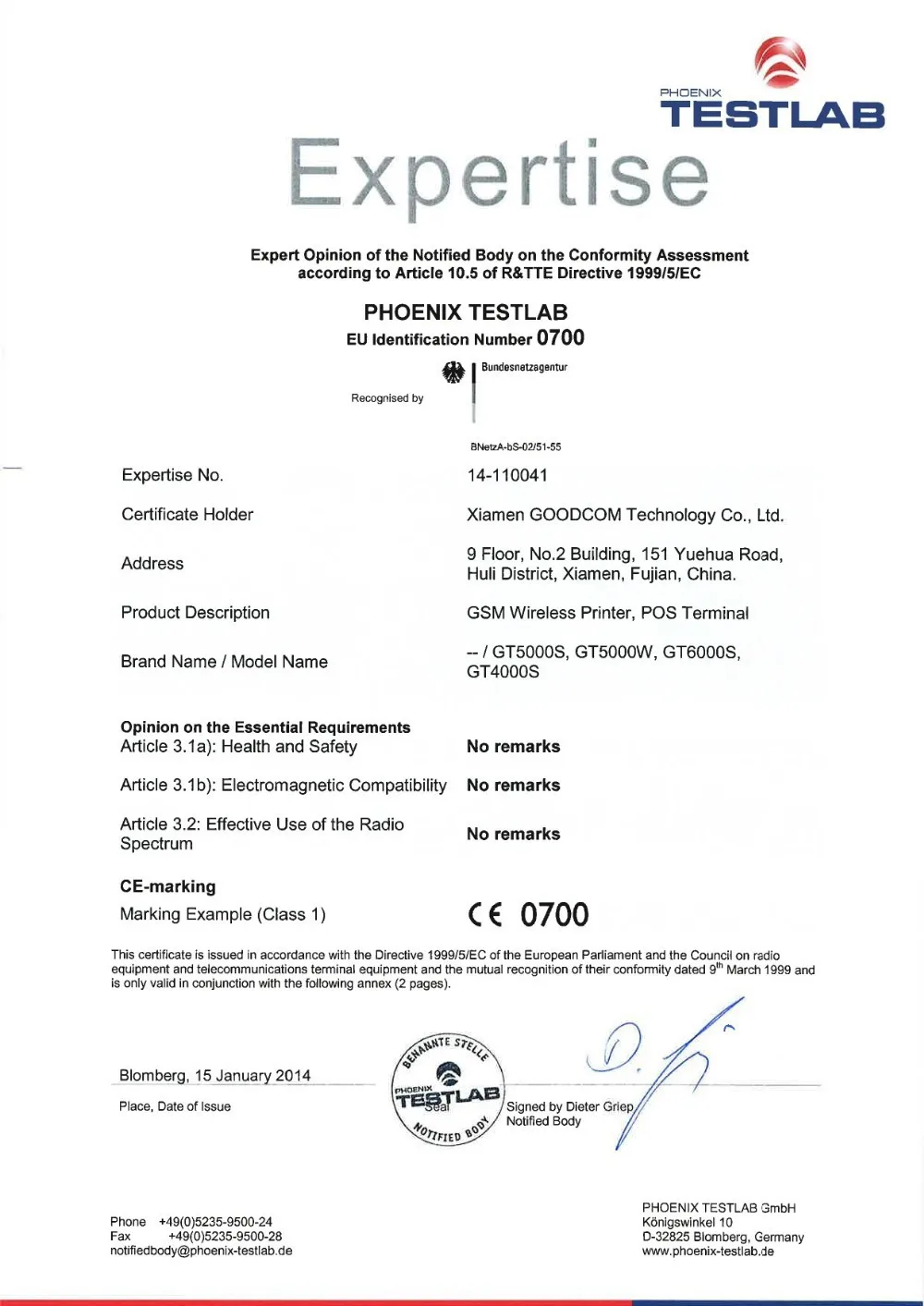GT5000S CE Certificate