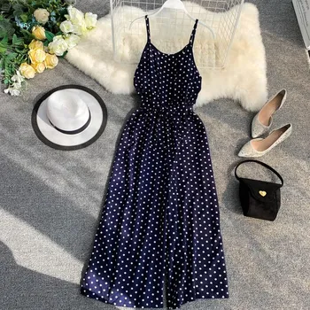 

Womens Jumpsuit Holiday Retro V Collar Sleeveless Dot Print Wide Leg Jumpsuit High Waist Overalls Beach Rompers