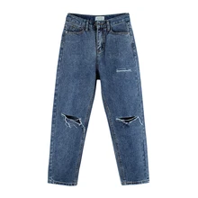 Pengpious хлопковые джинсы синие прямые рваные джинсовые штаны для девочек с отверстиями на колене весенние модные новые джинсы женские