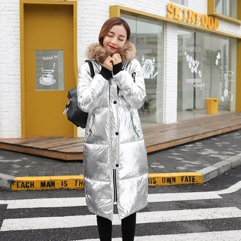 

2019 new down jacket cotton long female fashion thin bright face with fur collar quilted thick long cotton suit women