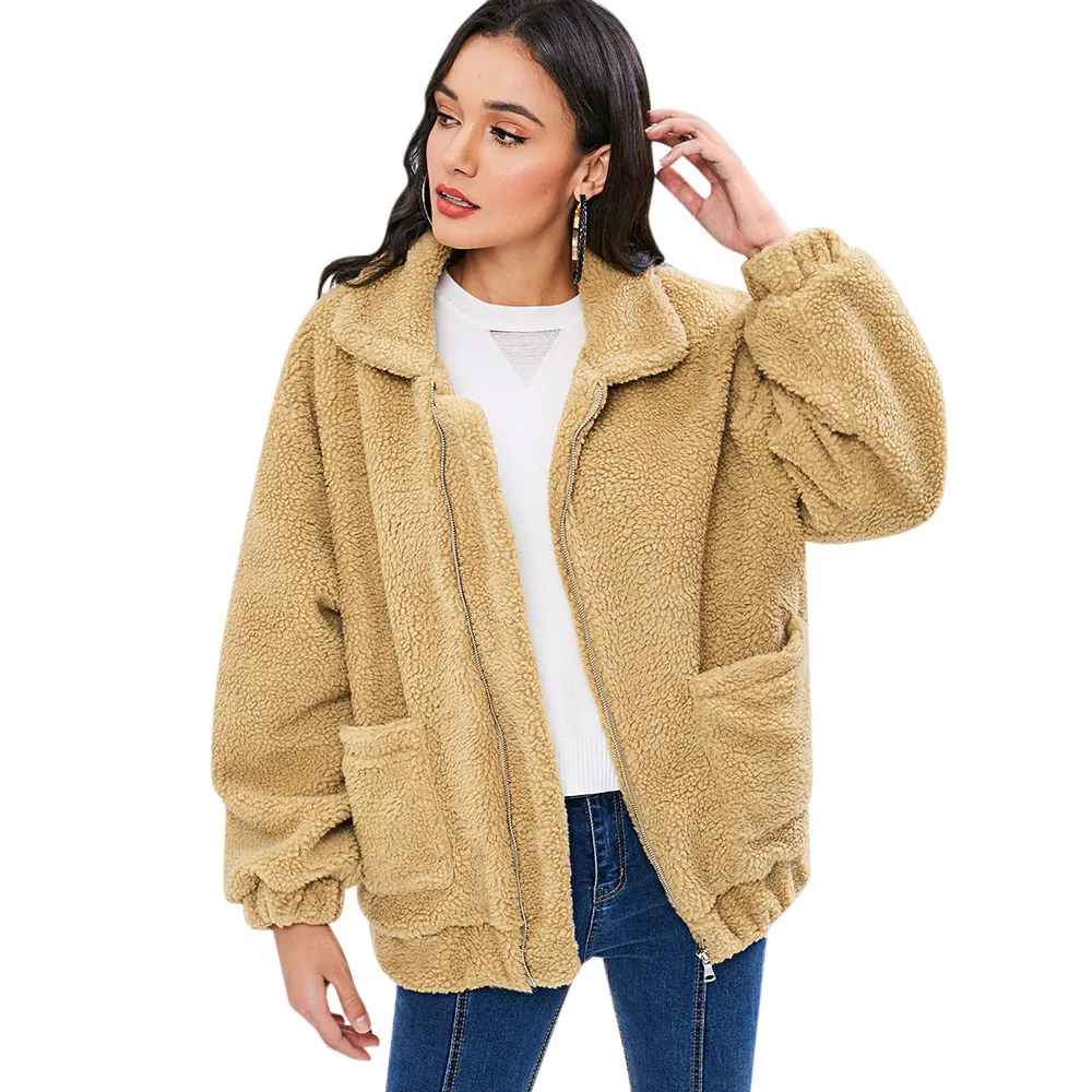 Wipalo Zip Up Fluffy Winter Coat Fashion Women Lamb Wool Loose Jacket ...