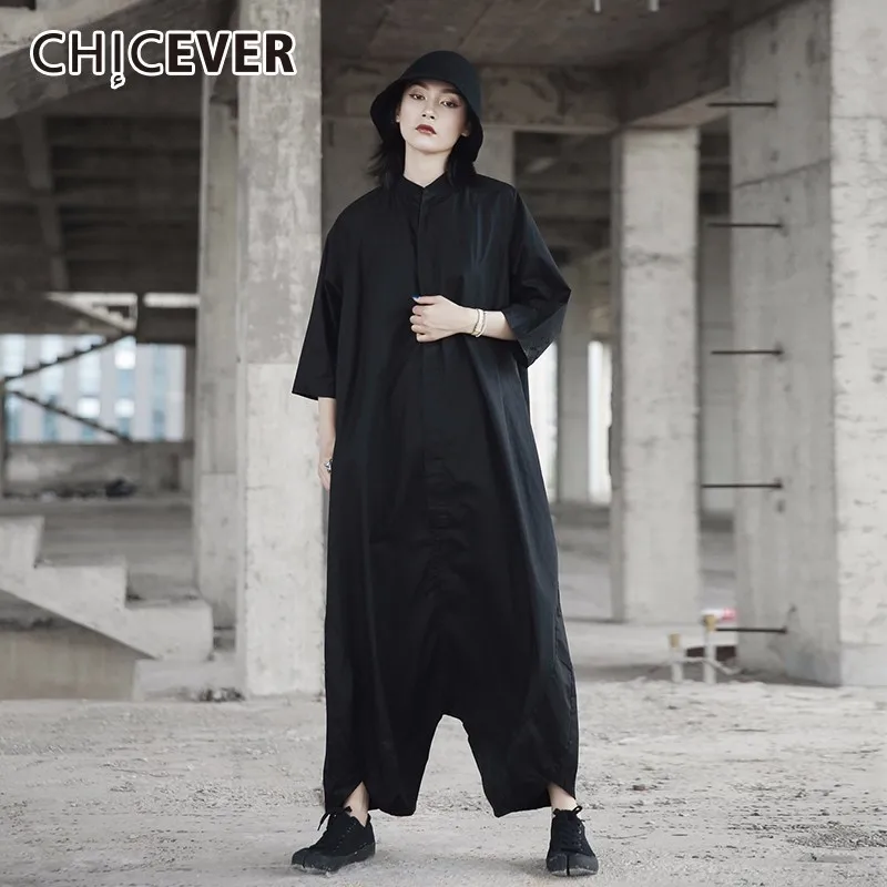 

CHICEVER Black Womens Jumpsuit Loose Oversize Three Quarter Sleeve Hem Asymmetrical Summer Pockets Women Jumpsuits Fashion New