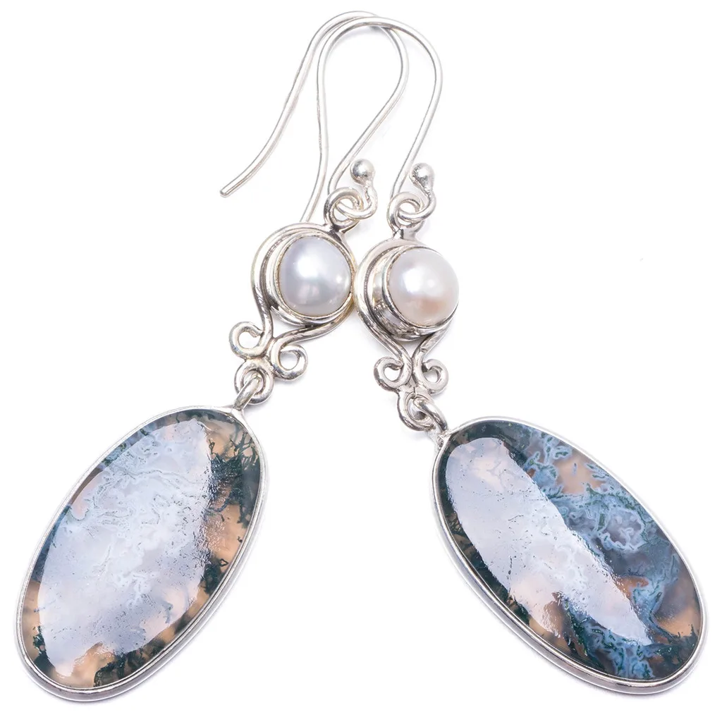 

Natural Moss Agate and River Pearl Handmade Unique 925 Sterling Silver Earrings 2.25" Y1832
