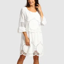 Модное женское платье большого размера плюс, белое кружевное платье с вышивкой, летнее пляжное платье с круглым вырезом в стиле бохо