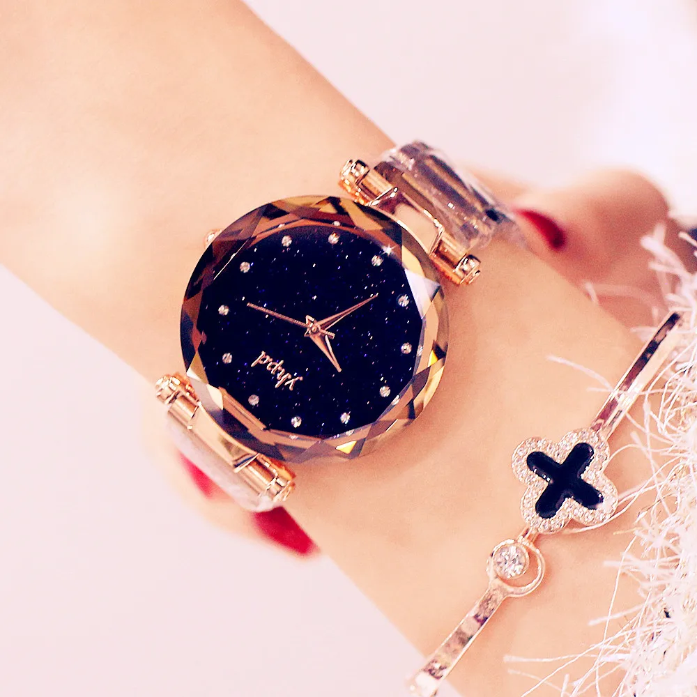 

Top Brand Luxury Crystal Women's Watch Steel Belt Star Sky Dail Diamond Bracelet Watch Polygon Gift Clock