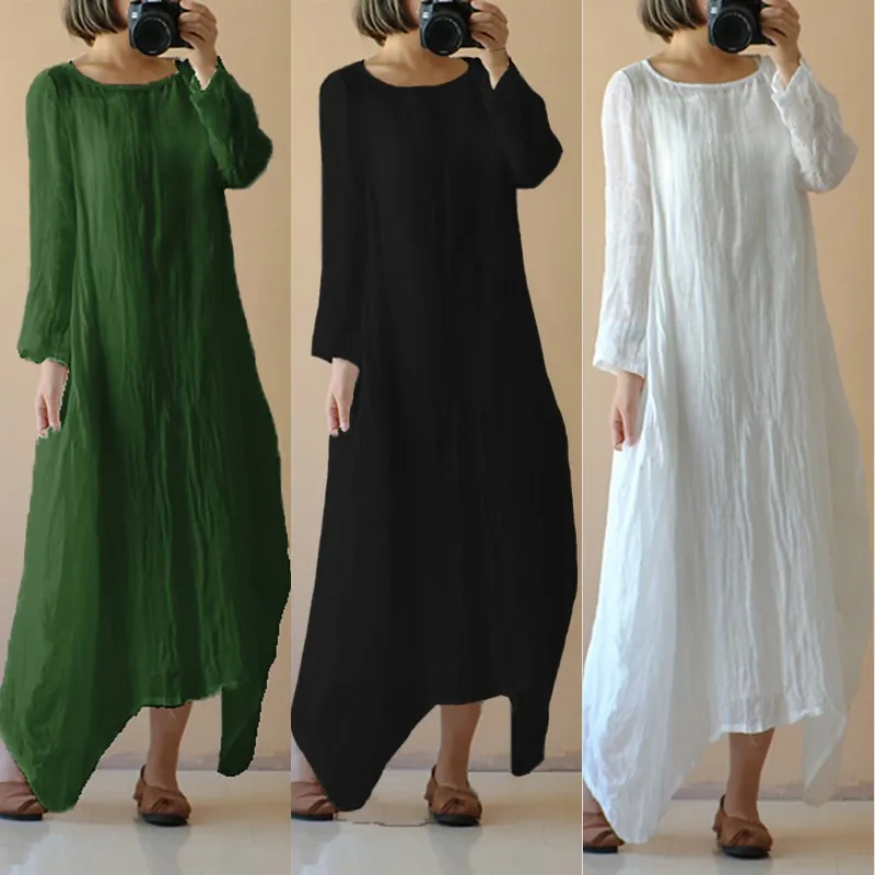 Plus Size 2018 Celmia Women Vintage Linen Dress Ladies Long Sleeve Maxi ...