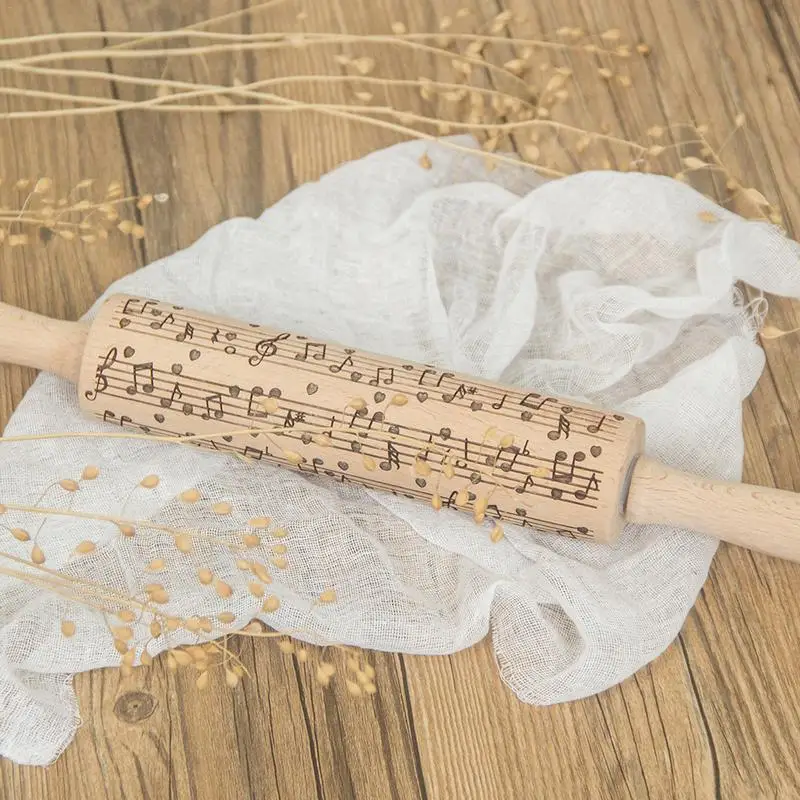 

Beech Wooden Rolling Pin Embossing Carving Baking Noodle Cake Dough Cookies Musical Note Roller Fondant Cake Patterned Roller