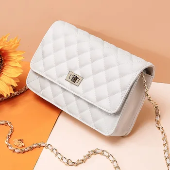 

Cowhide Women's Single Shoulder Bag Diamond Lattice Chain Small Bag Summer Woman Real Leather White Flap Bag Luxury Women Bags