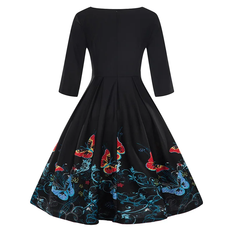 

XXXL 4XL Plus Size Dress 2019 New Fashion Women Vintage Dress Floral Print Three Quarter Sleeve O-Neck Slim A-Line Pleated Dress