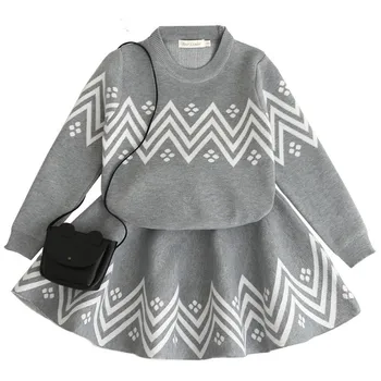 

Autumn Winter Suits For Girl Printed Knit Sweater Skirt 2pcs Fashion Casual Pullover 3 4 5 6 7 Y Girls Clothing Set Gray Clothes