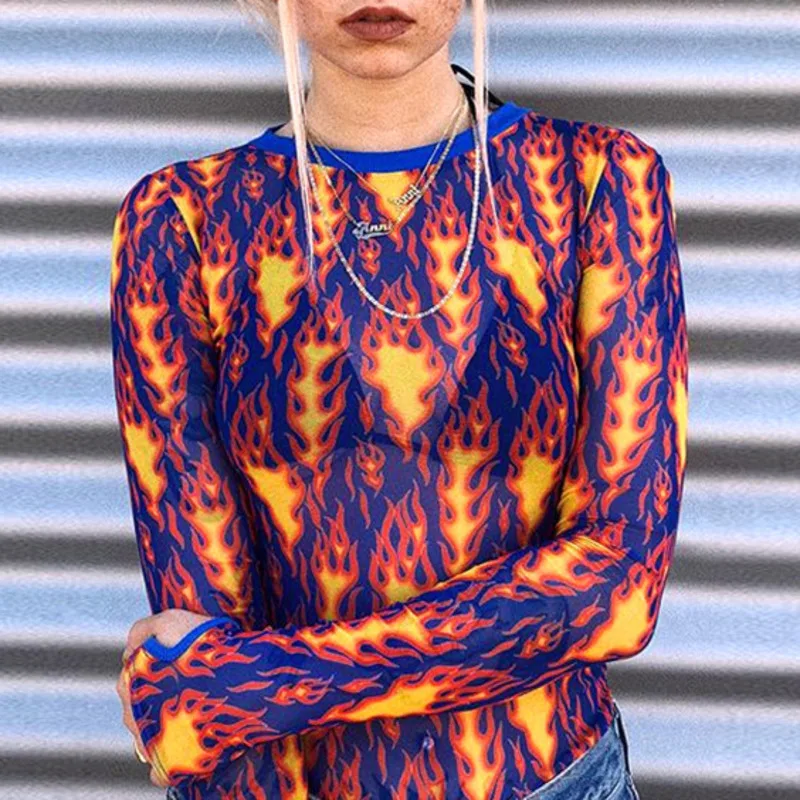 

Women Cropped Top Shirt Fire Printed Female Sexy Long Sleeve Mesh T-shirt Tumblr Fashion Summer Casual Tops Tee Blusas Femininas