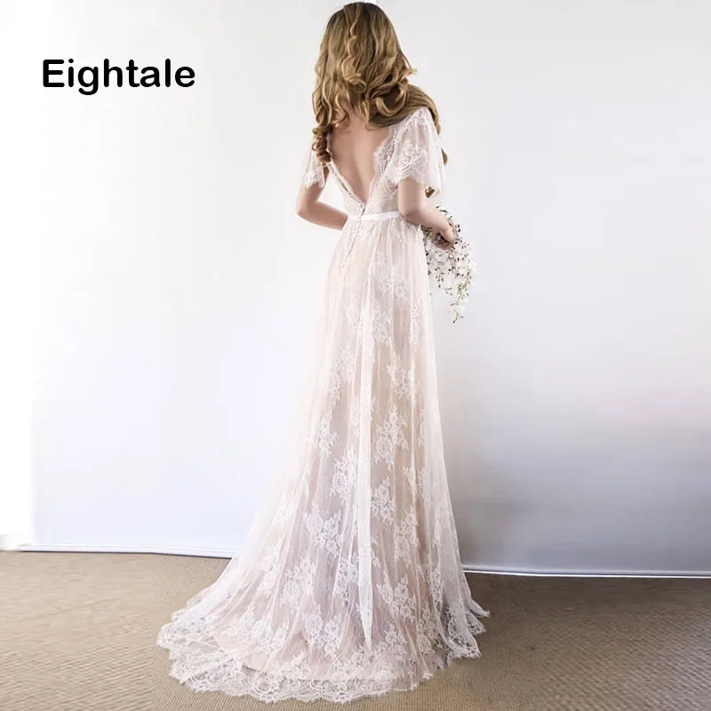 

Eightale Boho Wedding dresses Plus Size 2019 V Neck Backless bridal dresses Lace Short Sleeves Princess Lace Beach Wedding Gown