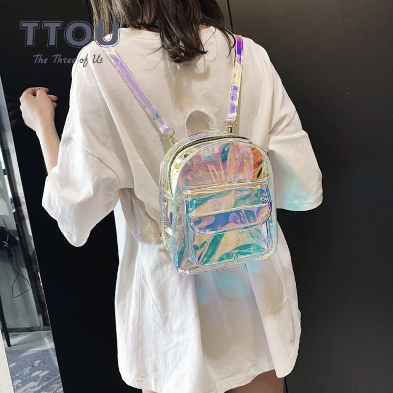 

TTOU Fashion Transparent Women Backpack Clear Ladies' Rucksack Teenager Girl School Bags Holographic Mini Female Casual Daypack