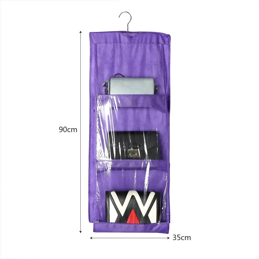 4 Colors 6 Pockets Handbag Purse Storage Bag Hanging Books Organizer Wardrobe Closet Hanger Double Sided Foldable Transparent