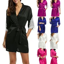 Лето г. стиль Модные женские косой купальные халаты с v-образным вырезом Короткое Кимоно мини халат сплошной шелковистый кружево платье