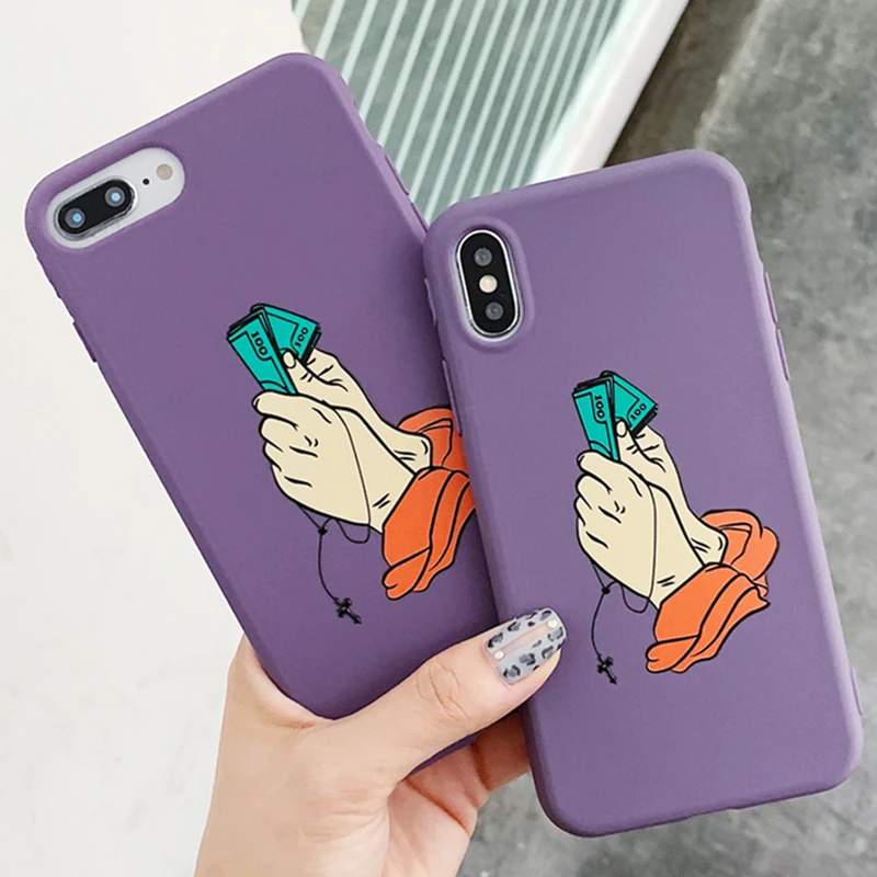 

For iPhone 6 6S 7 8 Plus X XR XS Max Case Candy Simple Hand Money Purple Soft TPU Rubber Silicone IMD Cover for iPhone XR Case