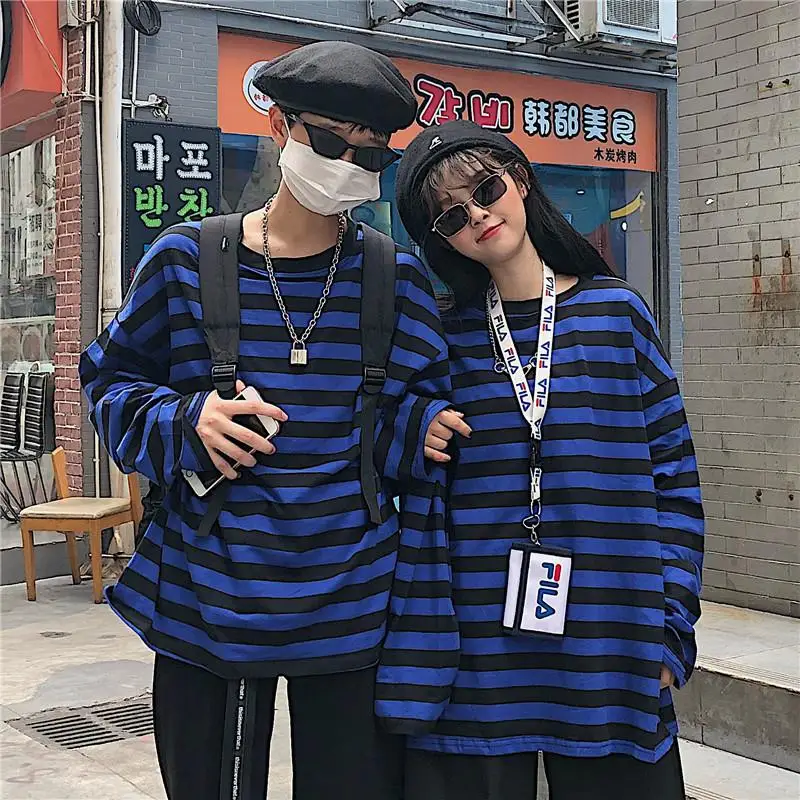 

2019 Harajuku BF Blue Black Striped Long Sleeve Fashion Women T-Shirt Loose Student Casual Female Top Tee