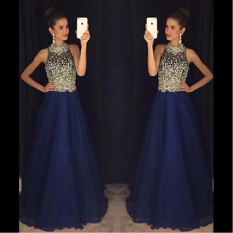 

Modest Navy Blue Prom Dresses 2019 vestidos de fiesta Beading Crystal Imported Party Dress A Line Custom Made Formal Gowns