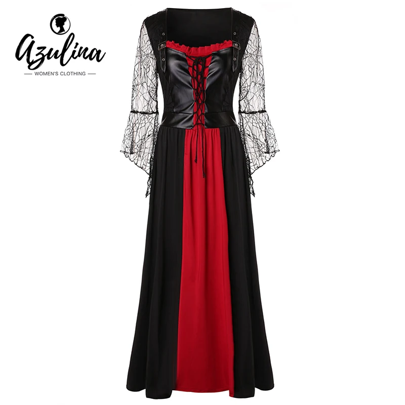 

AZULINA Halloween Plus Size Lace Up Lace Insert Maxi Dress Women Clothing Vestidos Fall Spring Dresses