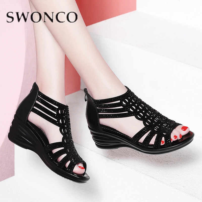 

SWONCO Women's Sandals Genuine Leather Female Crystal Gladiator Sandal 2019 Summer Shoes Woman's Peep-Toe Wedges Sandals Black
