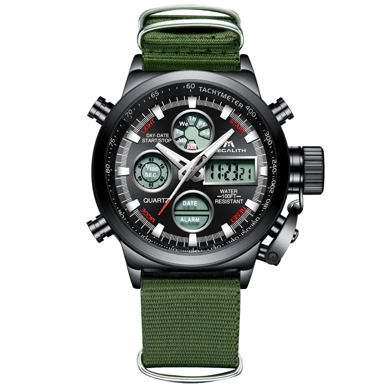 

MEGALITH Men's Watch Digital LED Army Green Nylon Strap Wrist Watch Waterproof Chronograph Sports Alarm Clock Relogio Masculino