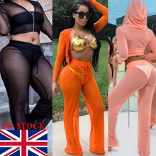 Горячее сексуальное женское Сетчатое Прозрачное Бикини, закрывающее прозрачное узелковое кроп-топ, расклешенные брюки в сеточку, брюки